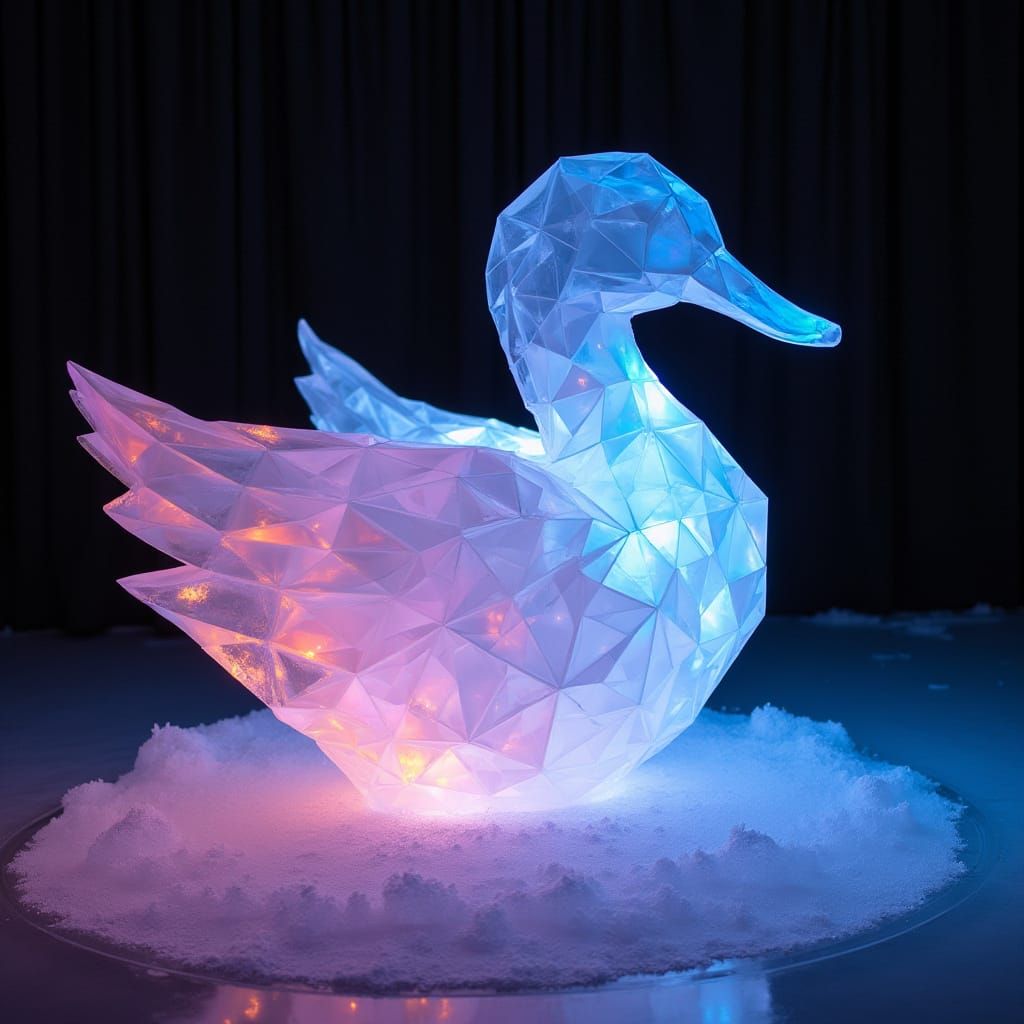 Origami Ice Duck Sculpture with Rainbow LEDs