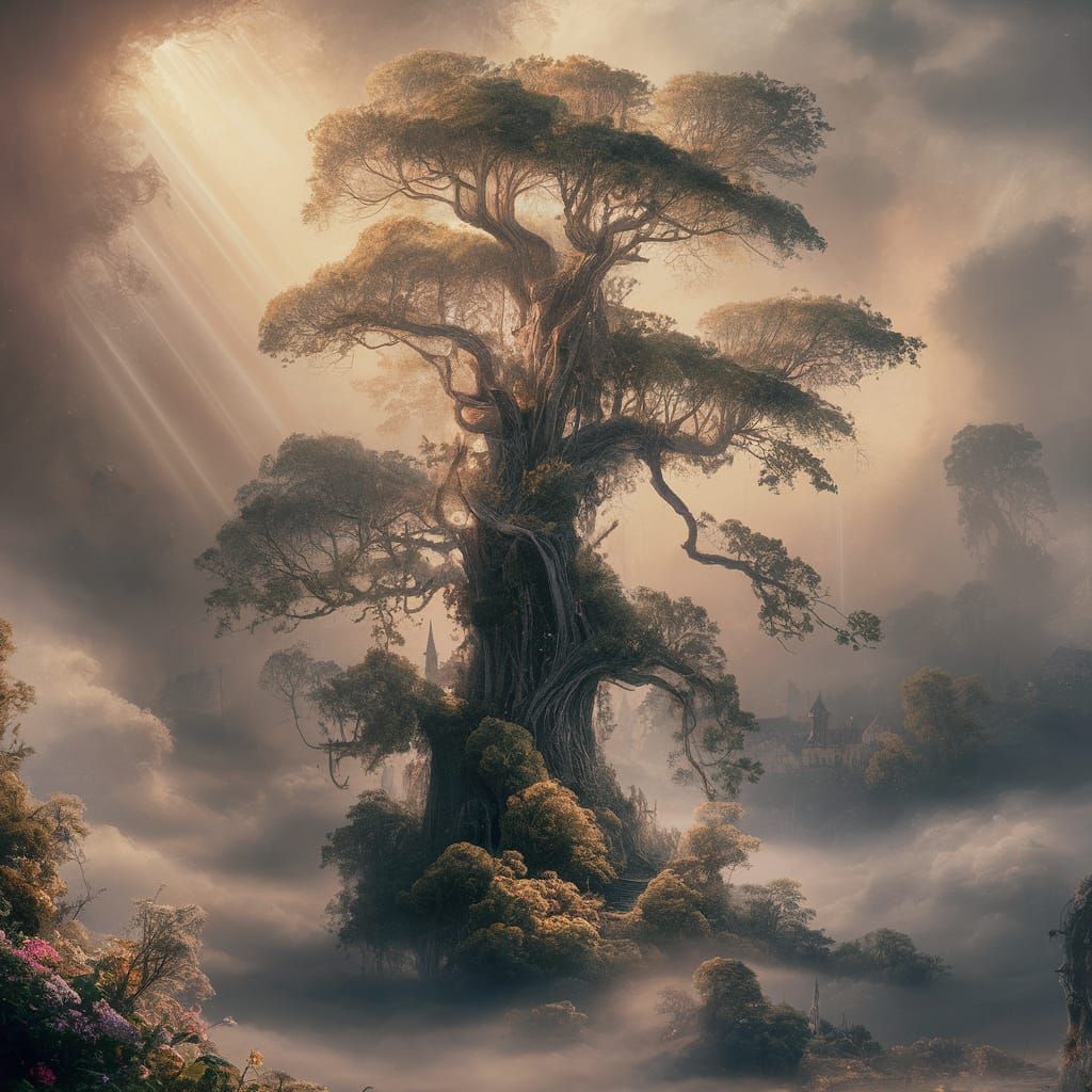 Ethereal Tree Reaching Heaven in Golden Light