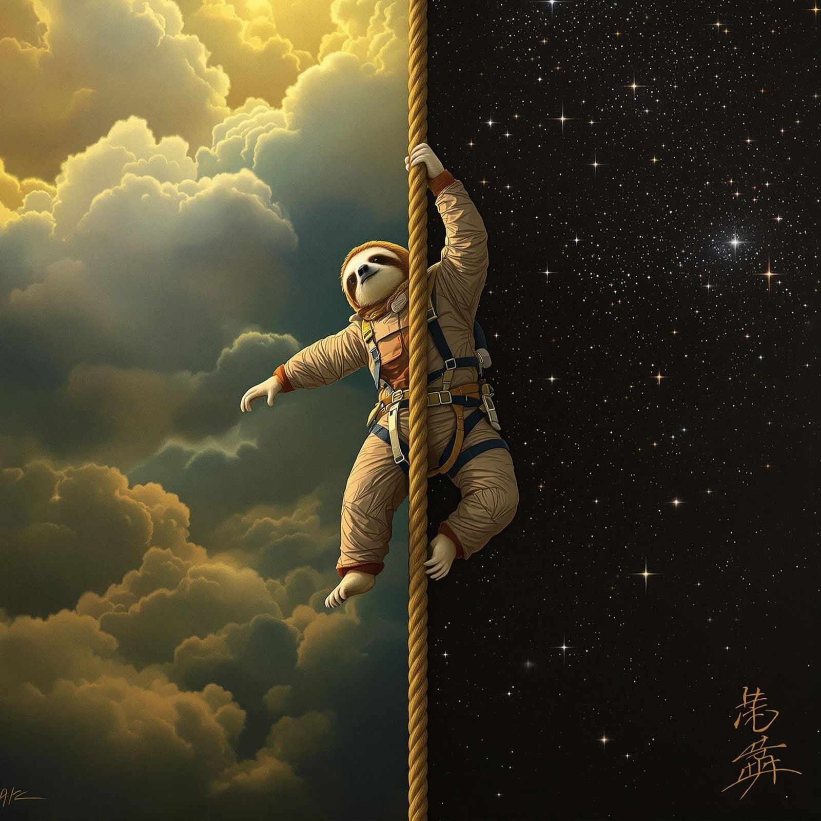 Sloth Climbs Between Worlds in Surrealist Painting