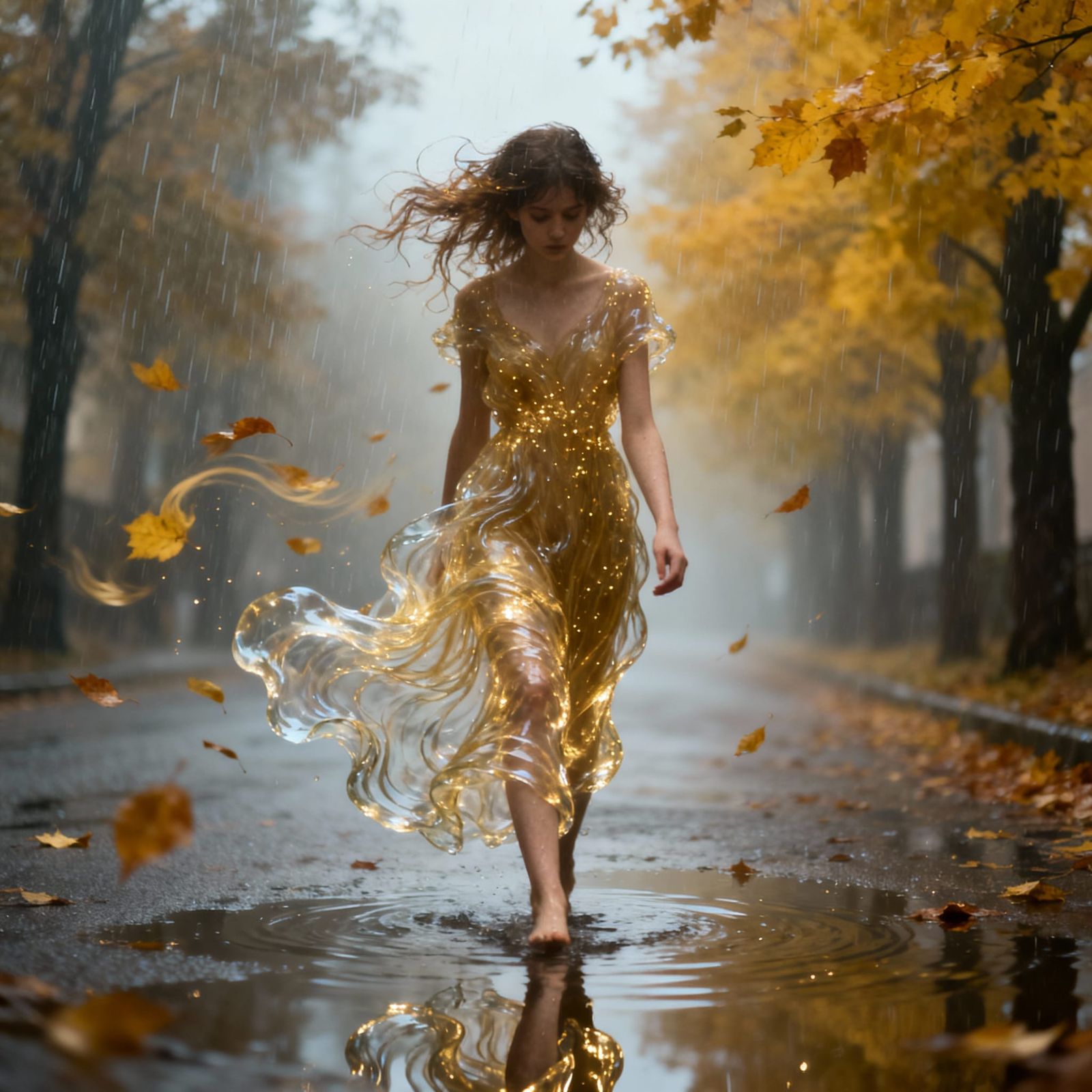Ethereal Rain Girl in Autumn Street