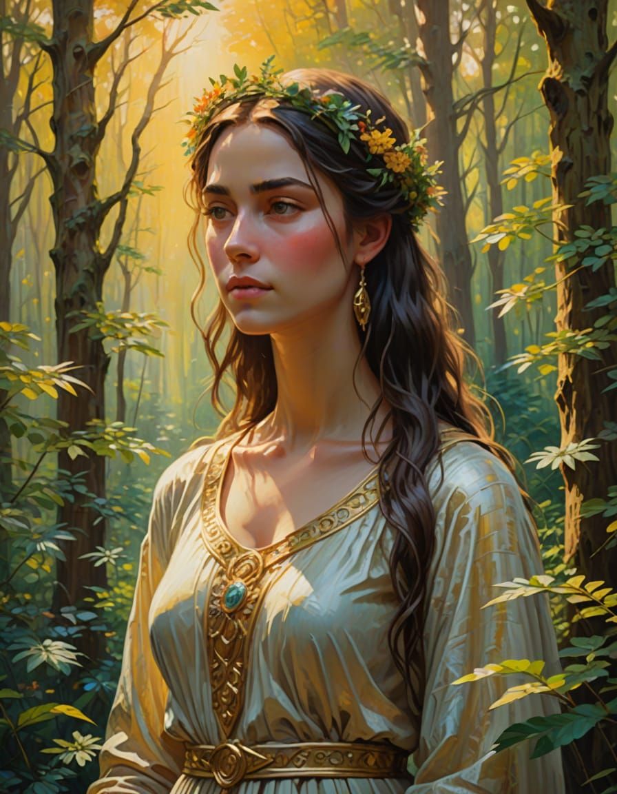 Serene Goddess in Forest, Oil Painting Masterpiece
