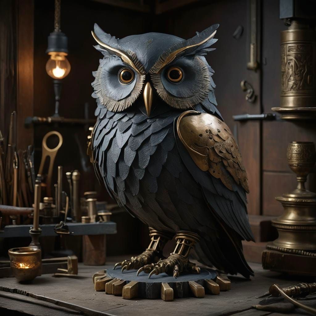 Design a close-up, intricate sculpture of a majestic owl, cr...