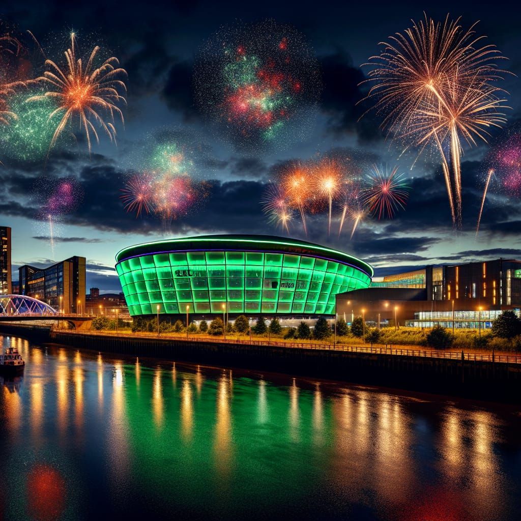 Glasgow's SEC Hydro Venue Glows Green Under Vibrant Firework...