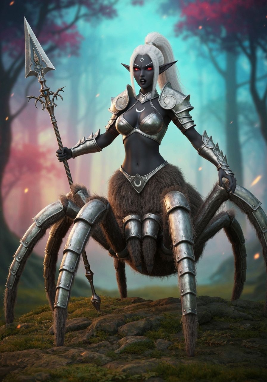 Drider Warrior in Mystical Forest, Anime Style