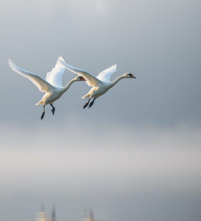 Three White Swans Ascend into Morning Mist