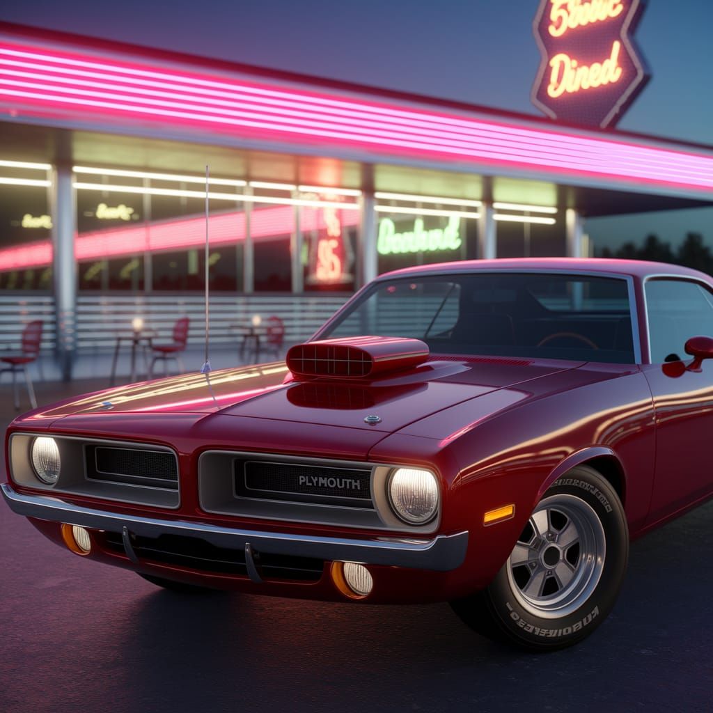 1970 Plymouth Barracuda at Neon Diner in Retro-Futurism Styl...
