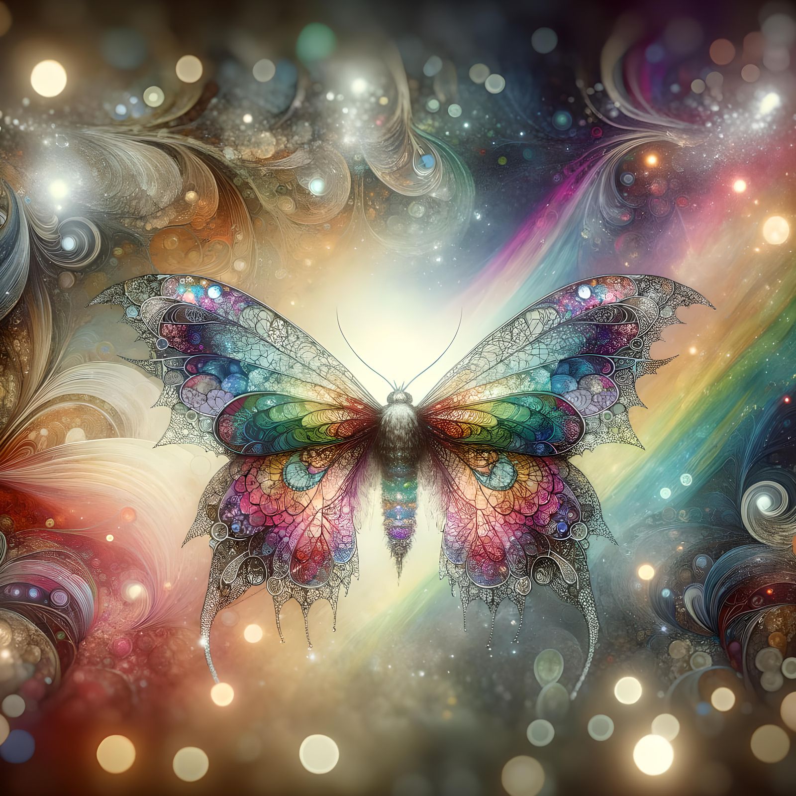 Rainbow Moth with Bioluminescent Wings in Watercolor Style