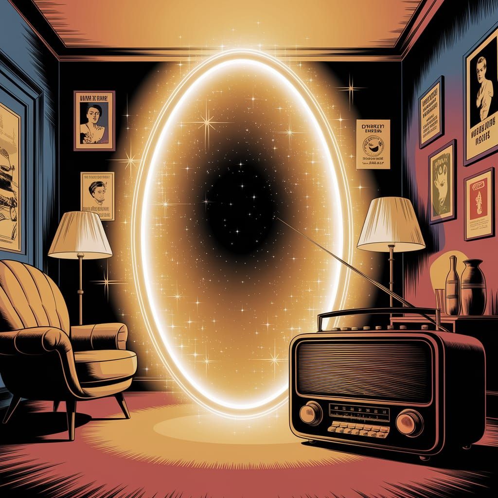 Surreal 1950s Vintage Comic Illustration of Mysterious Porta...