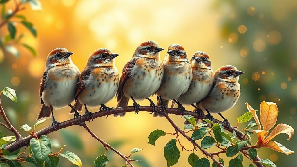 Whimsical Winter Scene with Expressive Sparrows