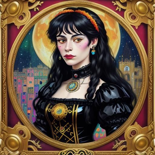 Victorian Femme Fatale in Klimt-Style Art Nouveau Frame