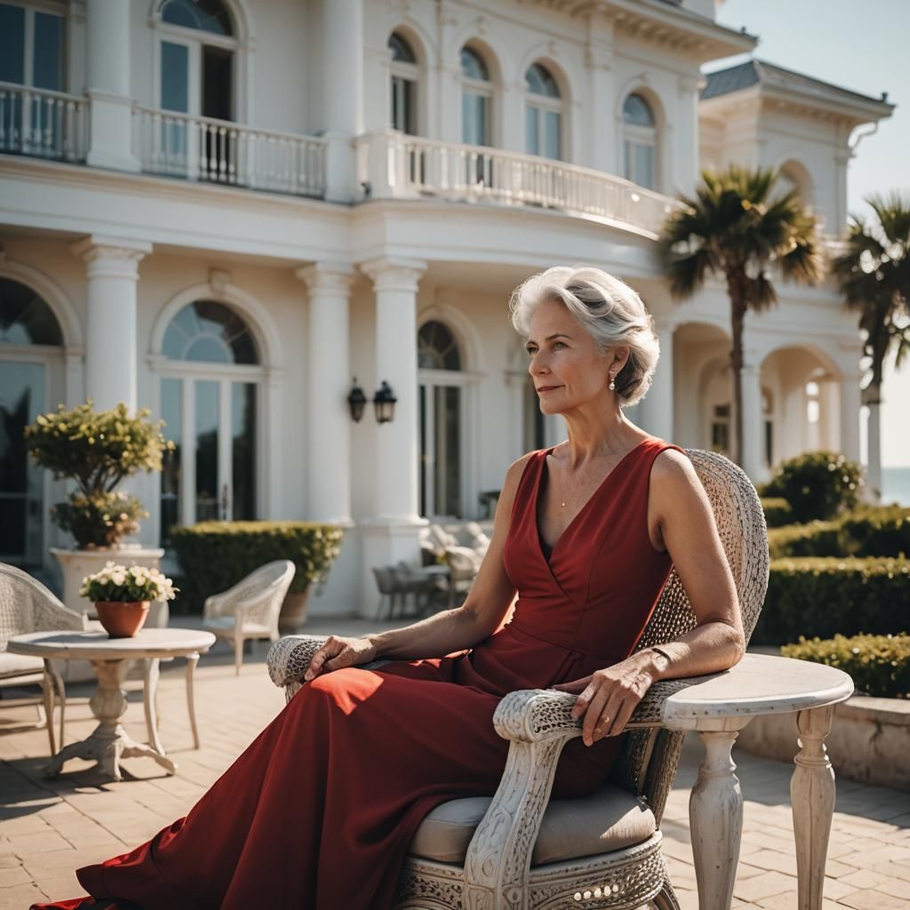 Elegant Woman in Red Dress on Seaside Terrace