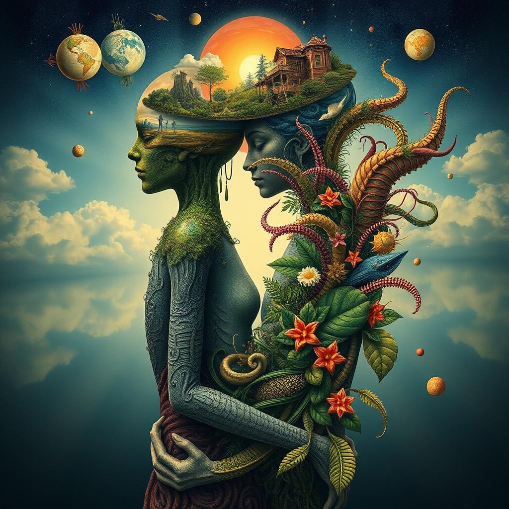 Intertwined Figures Reveal Surreal Mindscape