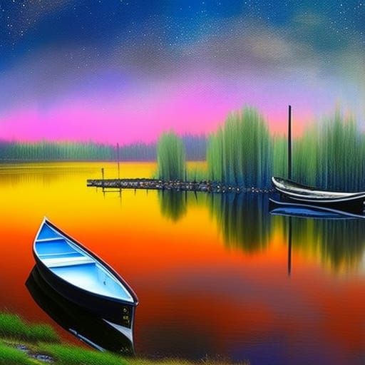 Ethereal Rowboat on Lake Under Northern Lights