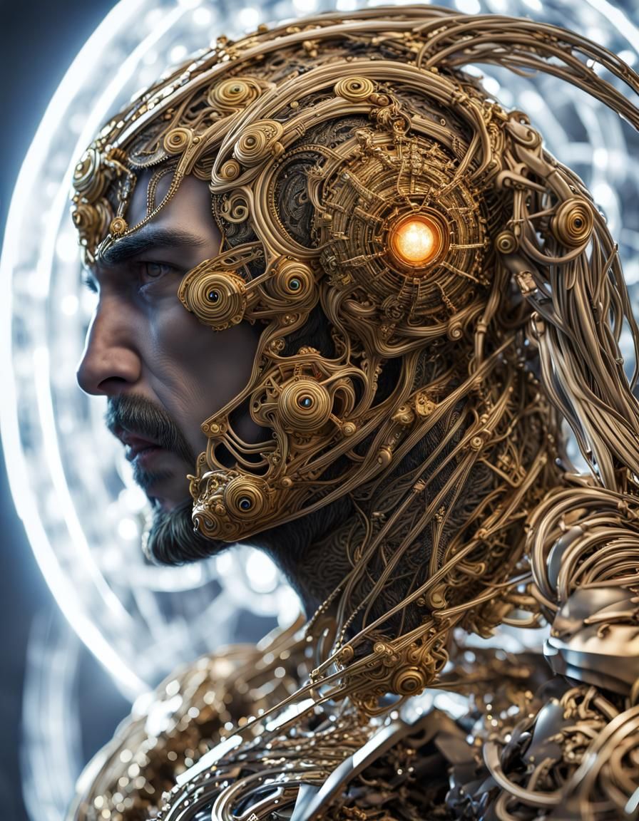 Robotic Muscle Man Under the Moon in Sci-Fi Style