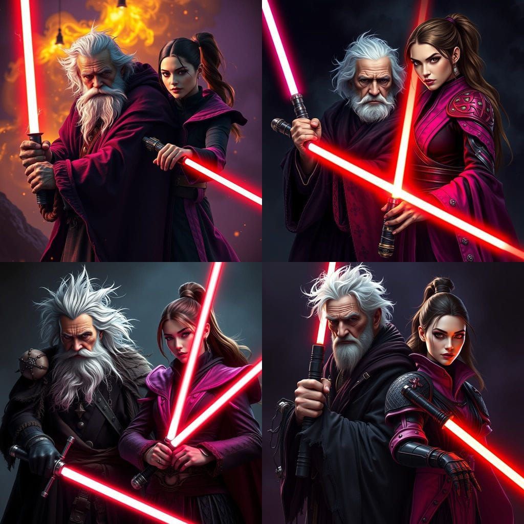 Grumpy Sith Lord with Woman Holding Red Lightsaber in Dark F...