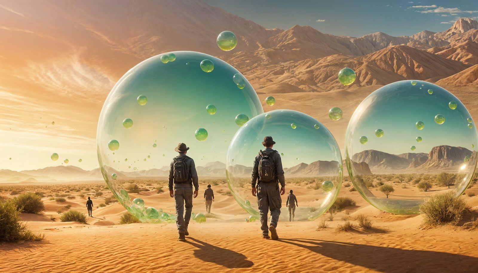 Ethereal Oasis: Desert Dwellers Approach Glowing Green Spher...