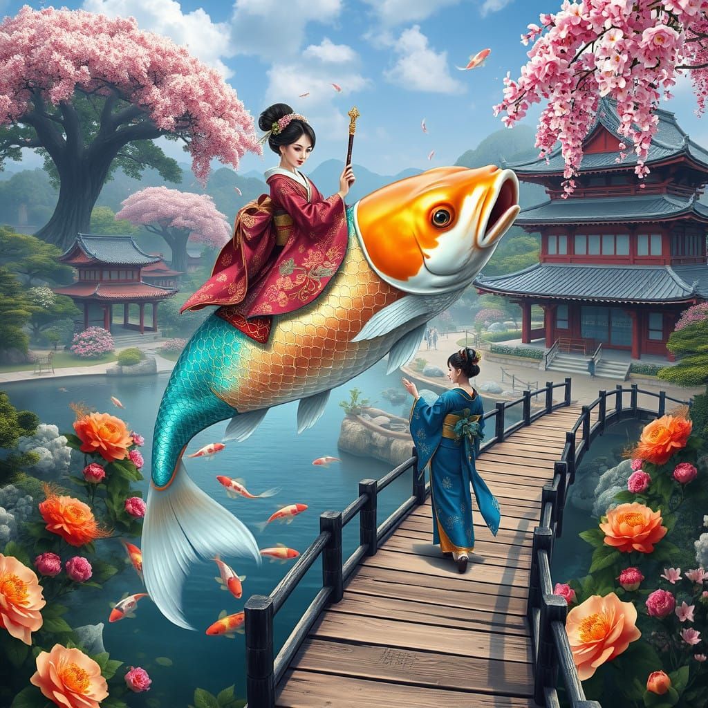 Elegant Geisha Soars on Iridescent Koi Fish