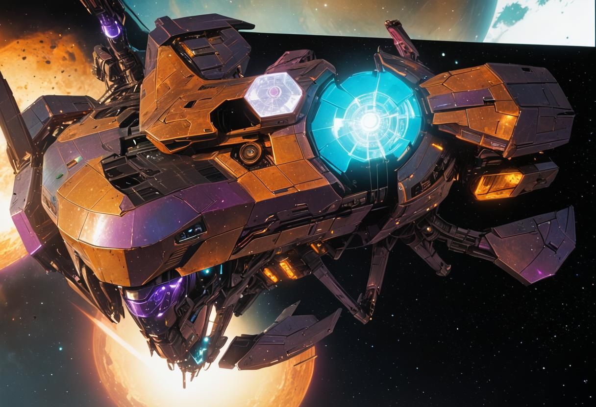 Cyberpunk Starship Veil of Lies in Space