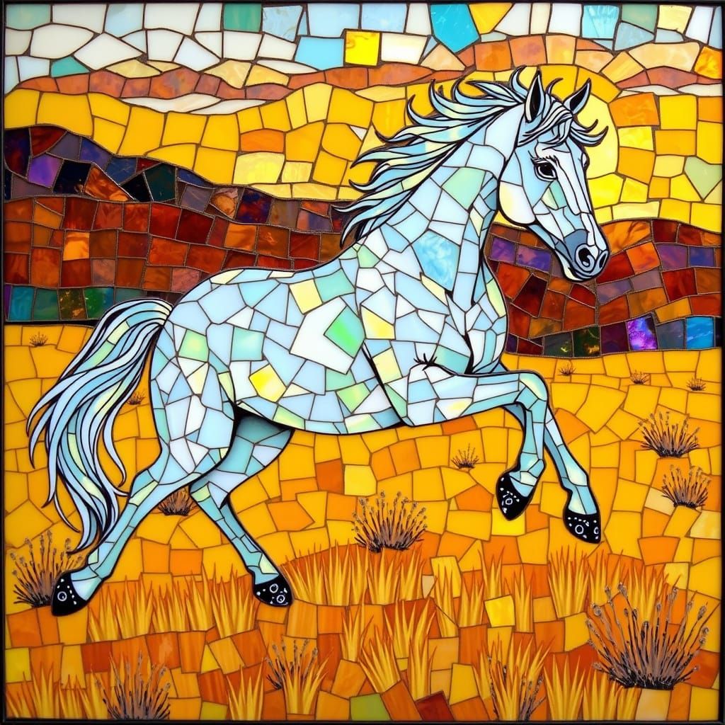 simple opalescent stained glass mosaic of a white horse on yellow and brown steppes.