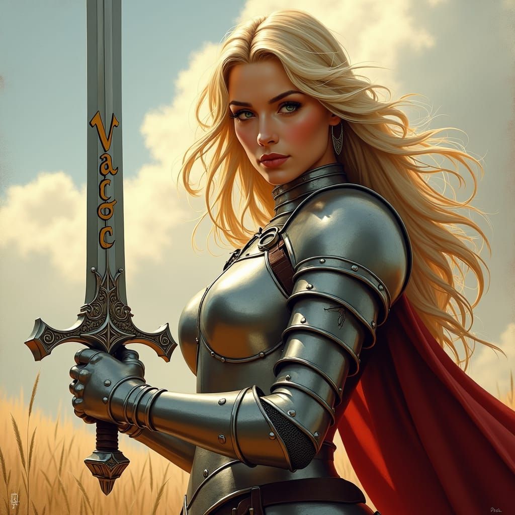 Female Knight Drawing Sword on Battlefield