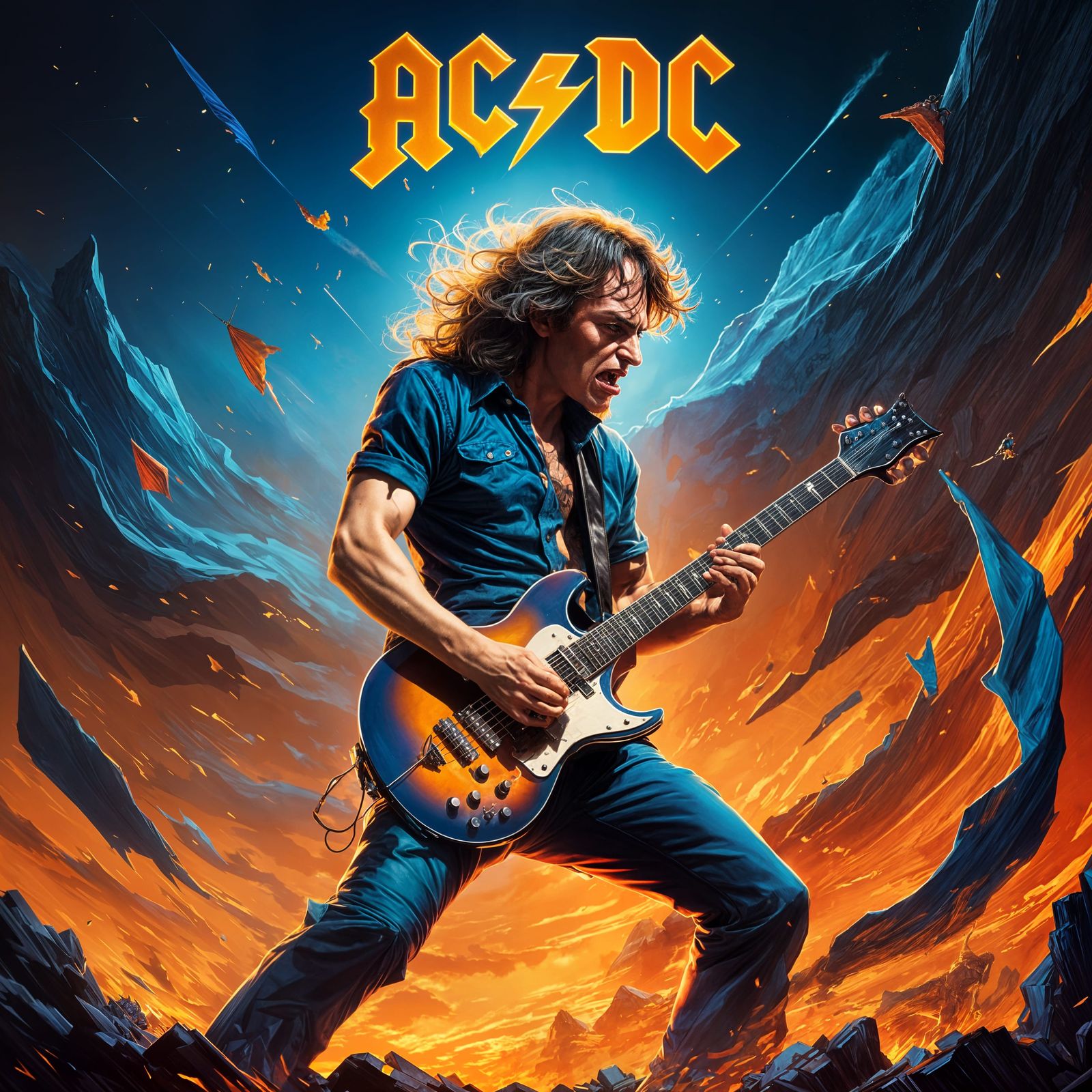 Epic Album Cover in Iron Maiden Style: Angus Young as 3D Gia...