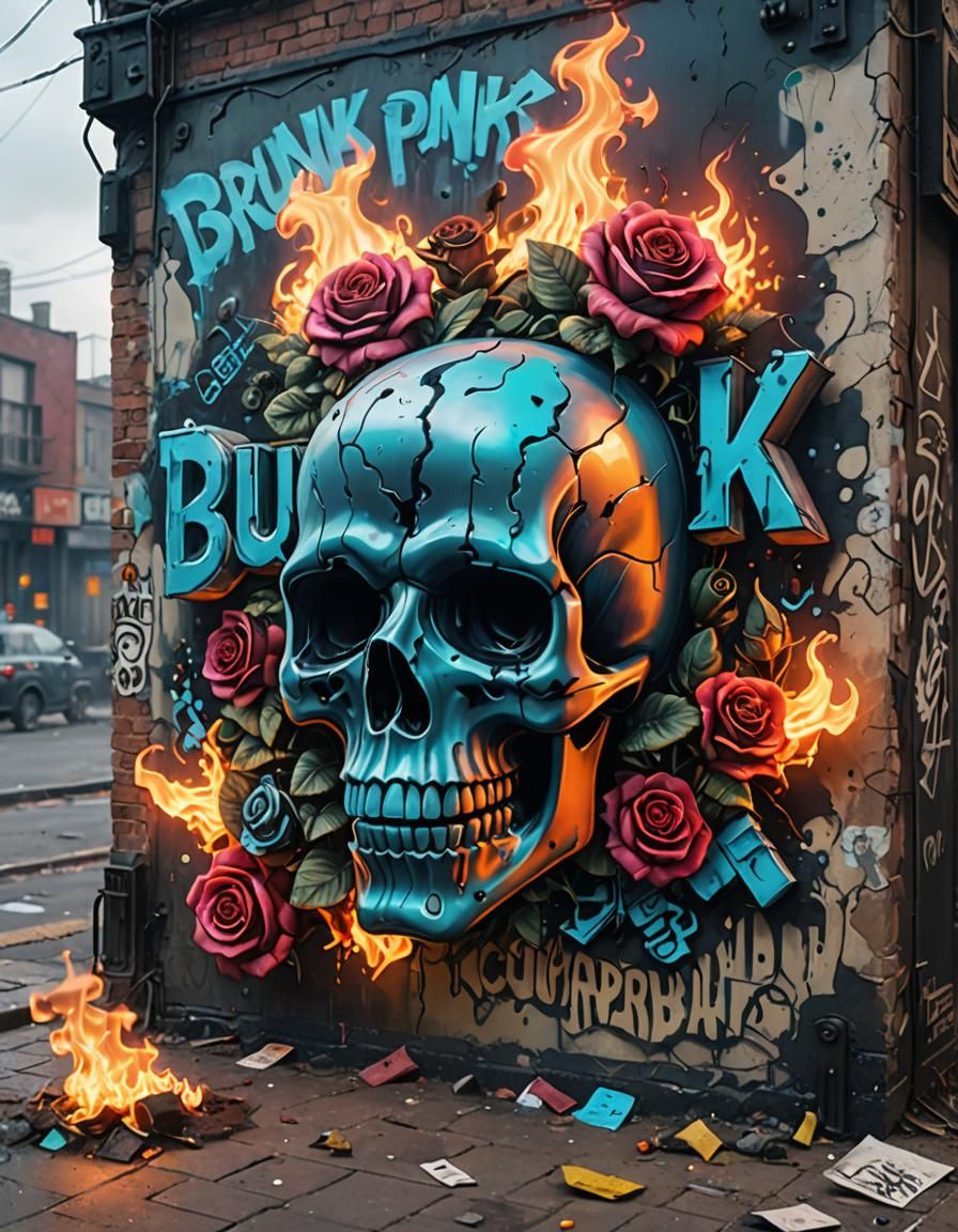 Psychedelic 3D Graffiti Sign in Post-Apocalyptic Cityscape