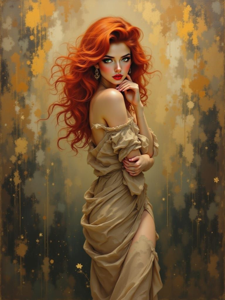 Redhead Pin-Up Girl in Atmospheric Oil Painting Style