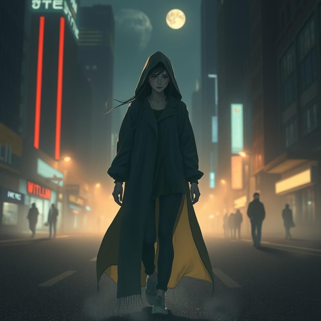 Ethereal Woman Walks Noir Futuristic Cityscape