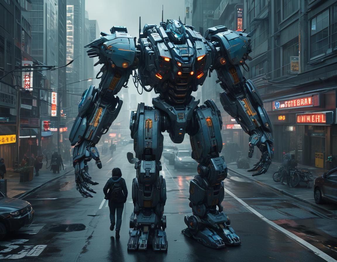 Cyberpunk Mech Warrior in Futuristic City