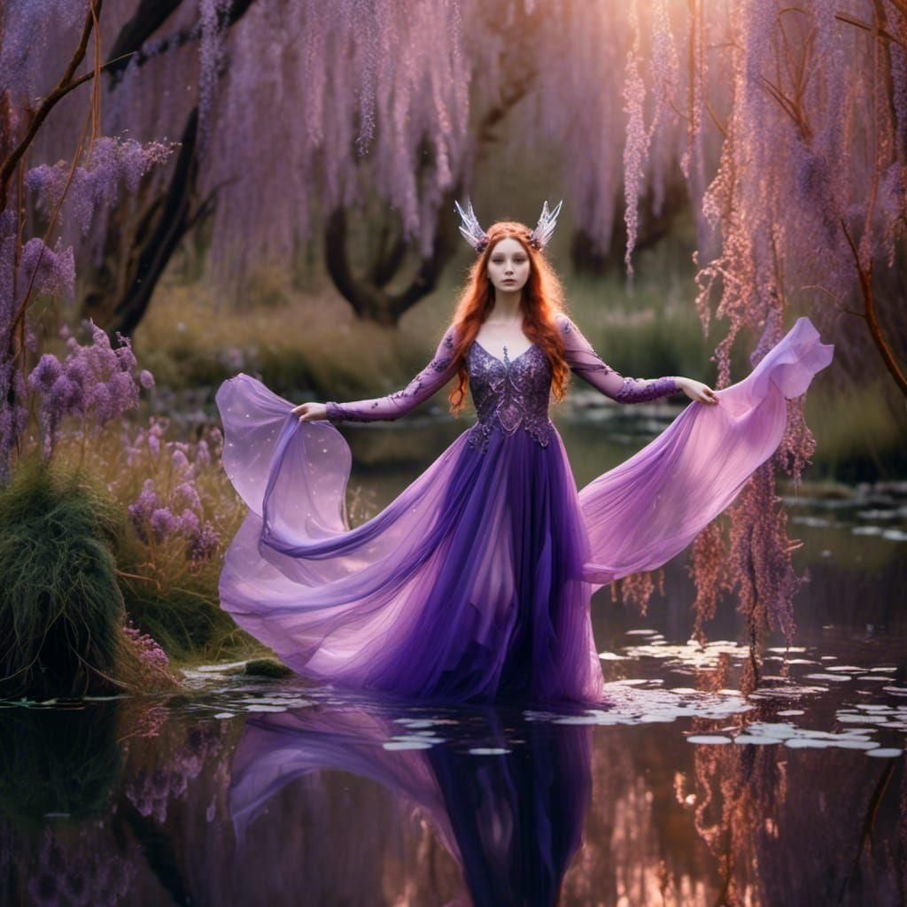 Floating Purple Fairy in Willow Forest