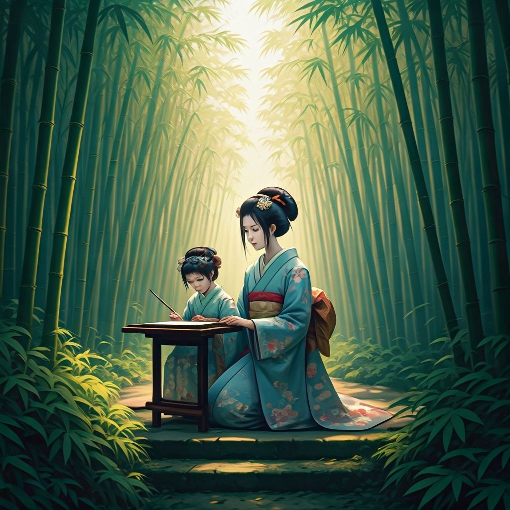 Geishas in Bamboo Forest as Watercolor Painting