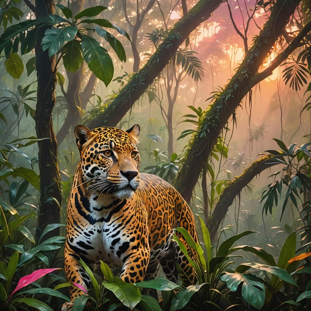 Majestic Jaguar in Jungle Sunrise Oil Painting