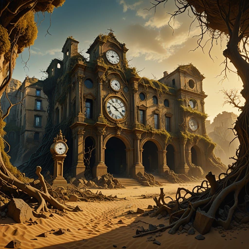 Surreal Ruins with Golden Waterfall, Dalí Style