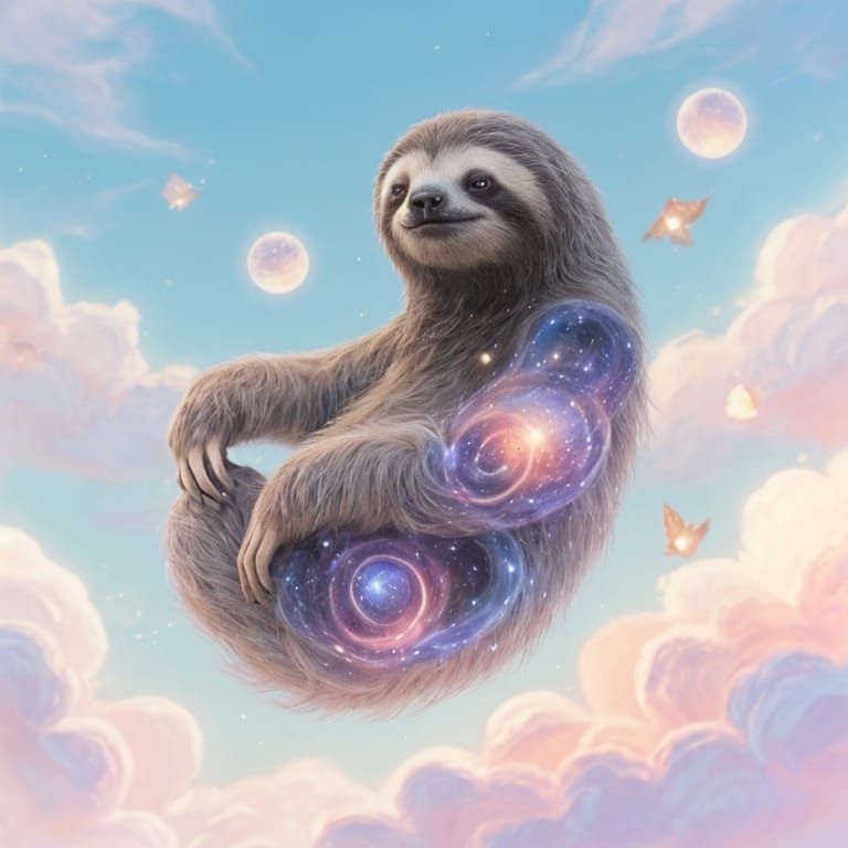 Nebula Sloth Among Pastel Clouds in Dreamlike Sky