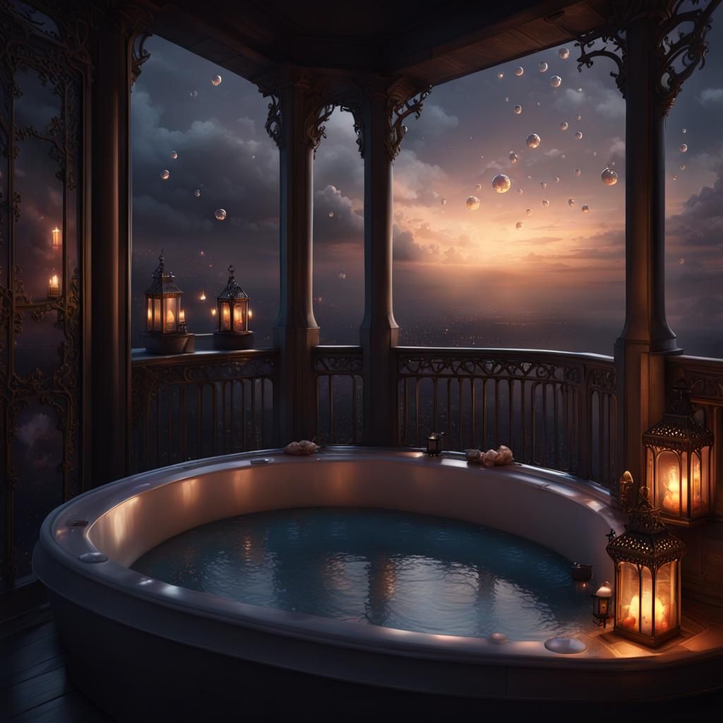 Fantasycore Balcony with Royal Bathtub at Night