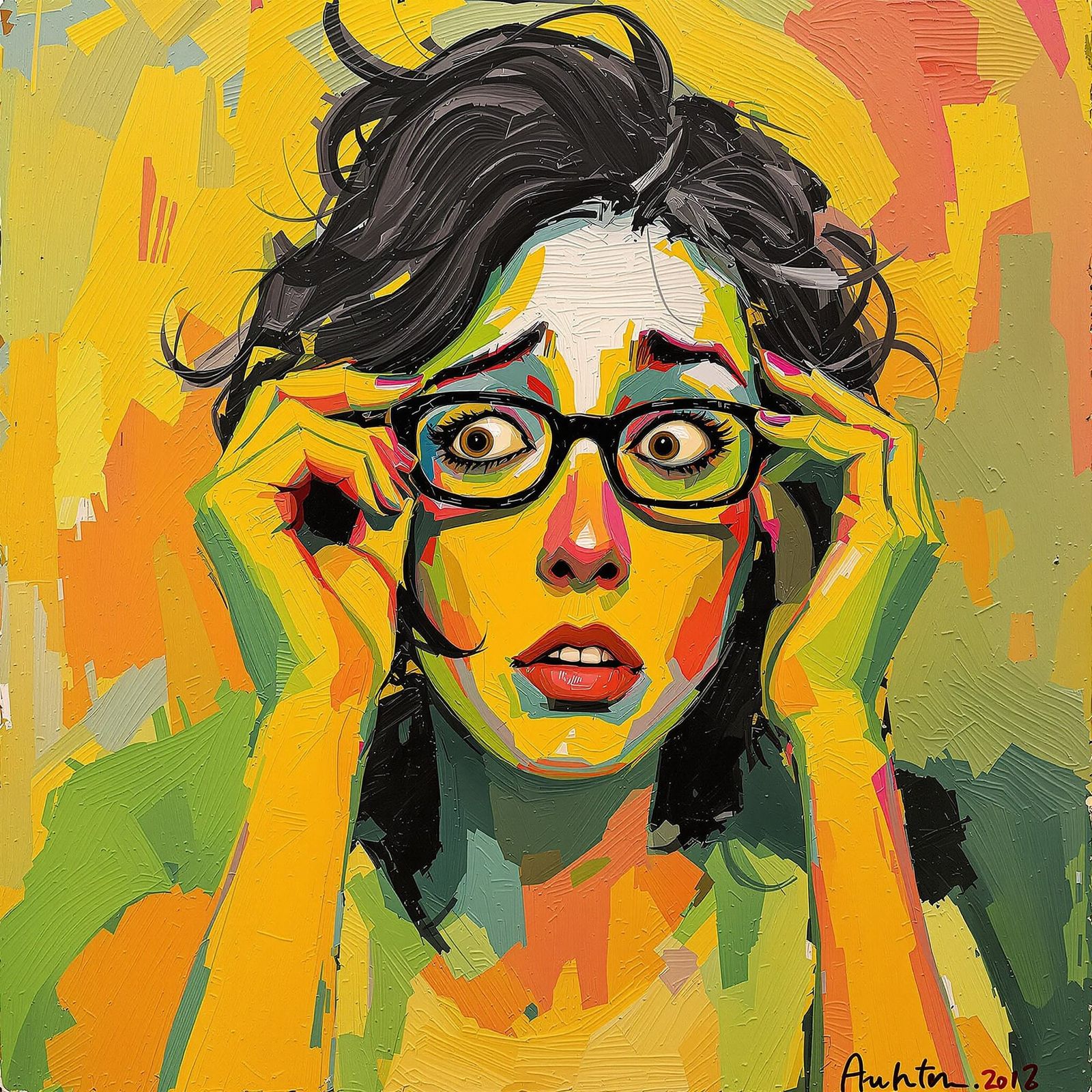 A painting of a woman anxiously looking for her glasses, in a style influenced by expressionism and post-impressionism a...
