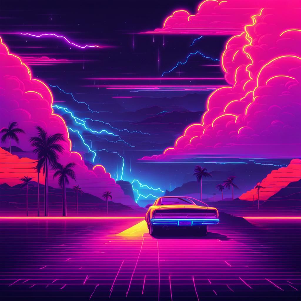 Synthwave "Thunder" Text in Neon Retro Style