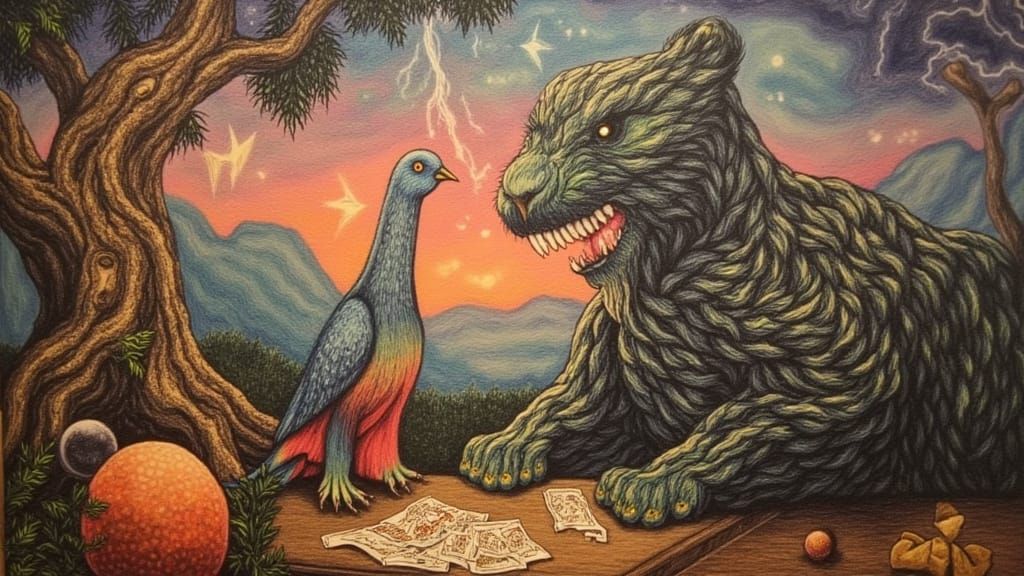 Mystical Pigeon & Jaguar in Surreal Tarot Scene