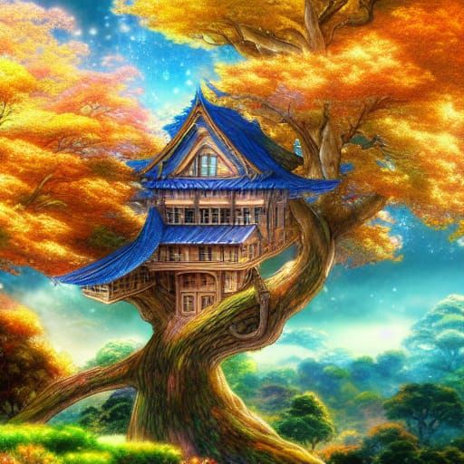 Anime Fantasy Landscape: Treehouse at Sunrise