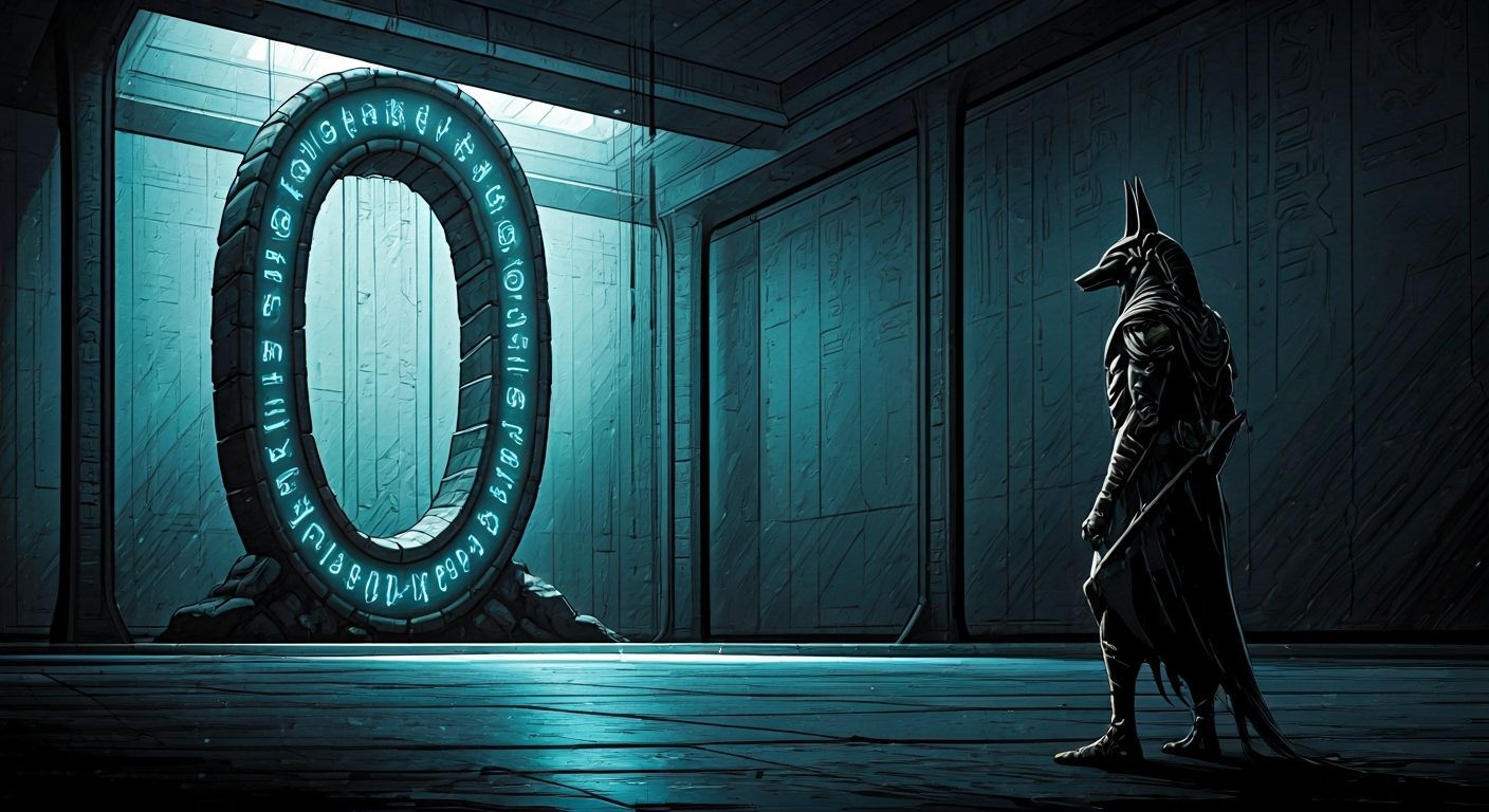 Cyberpunk Anubis Gazes at Glowing Rune Arc