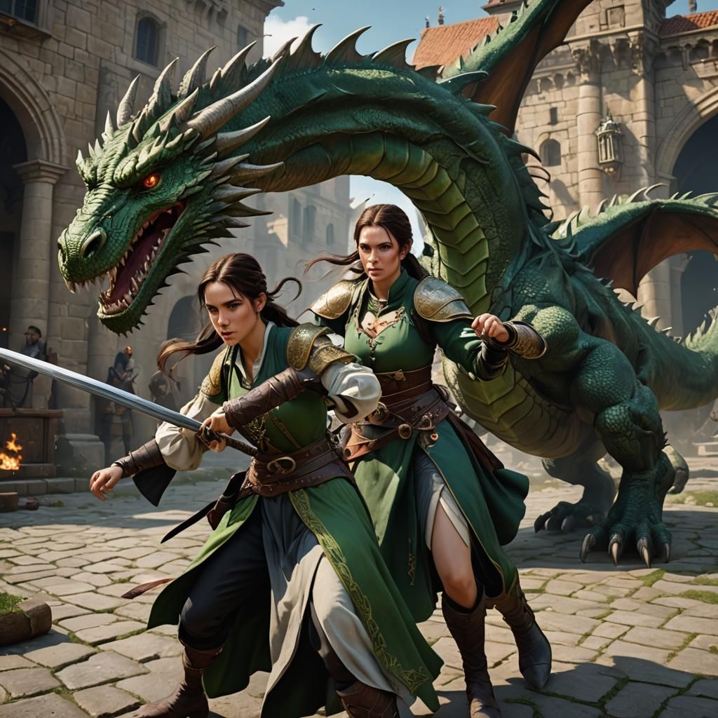 Renaissance Girl Battles Dragon in Fantasy Art