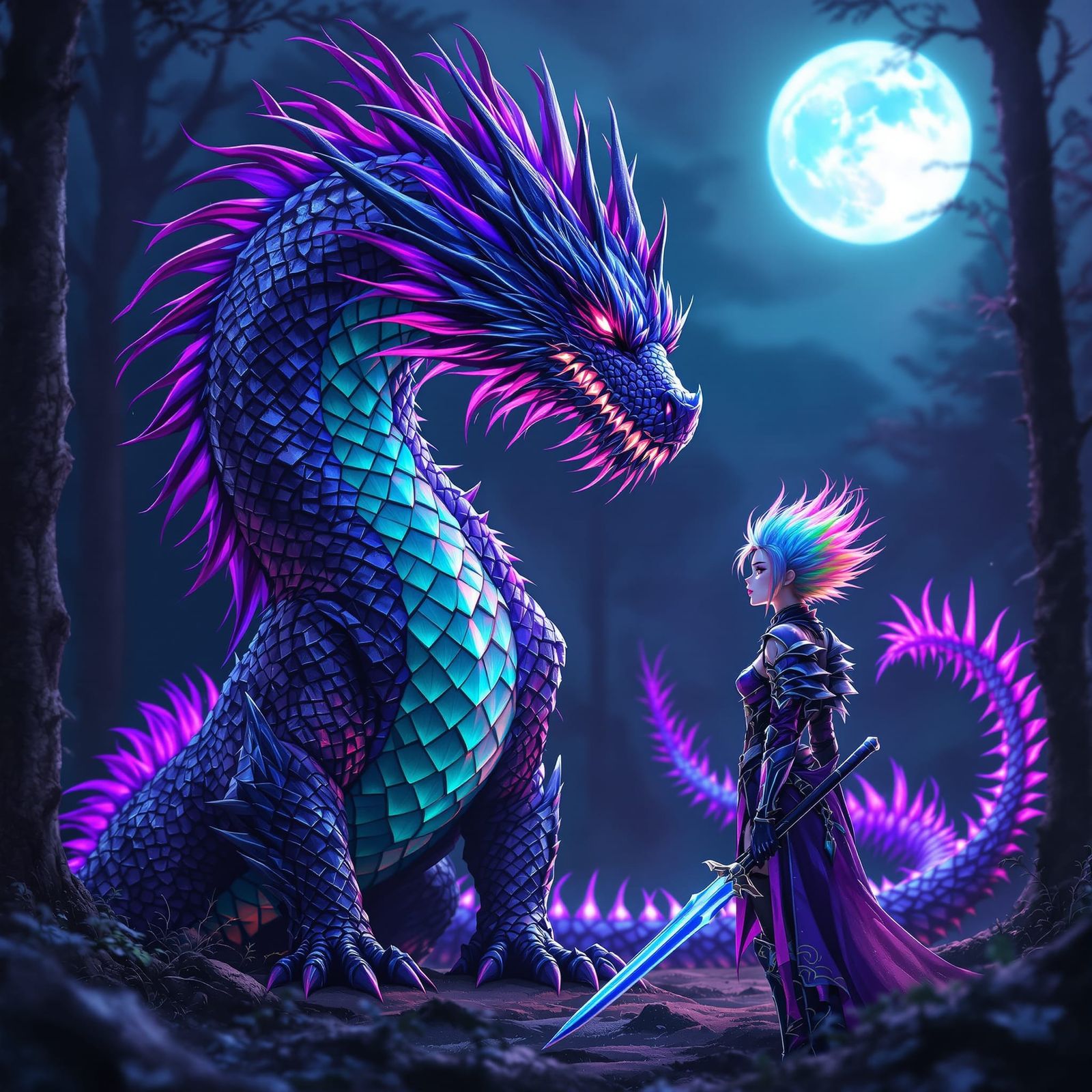 Hyperrealistic Dragon and Warrior in Moonlit Forest