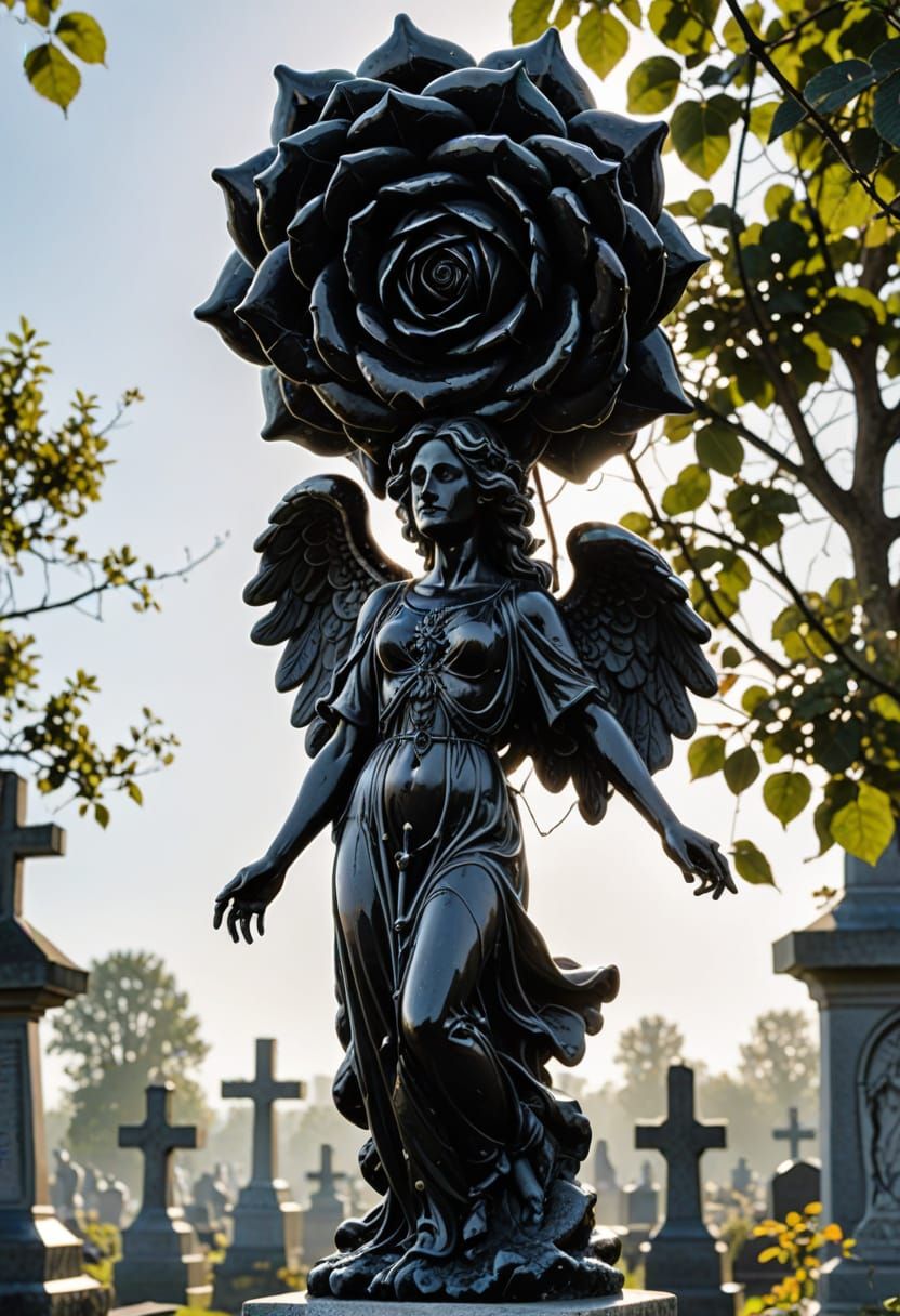 Surreal Cemetery Angel with Black Rose and Godrays