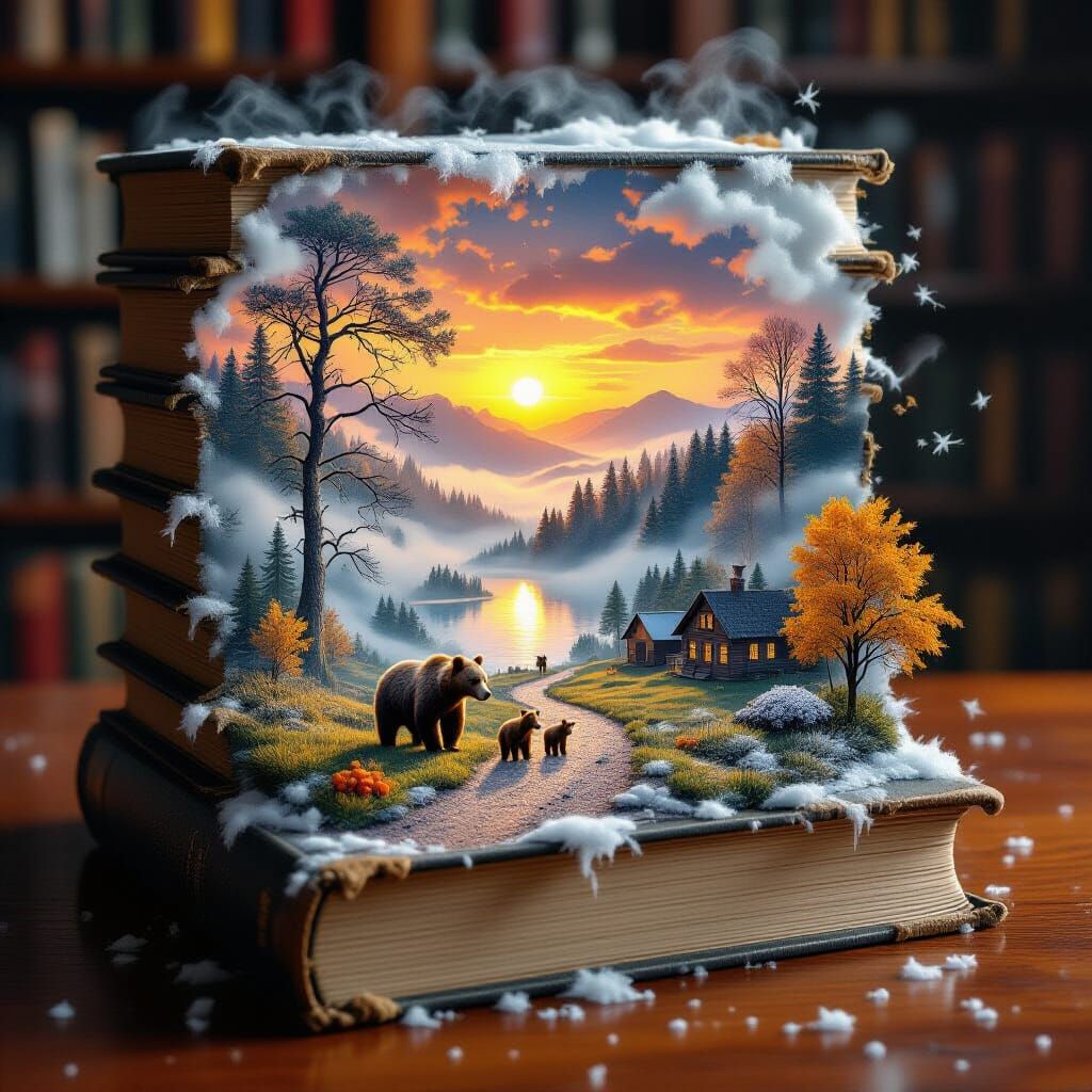 Dusty Books Reveal Miniature Foggy Landscape with Sunset Glo...