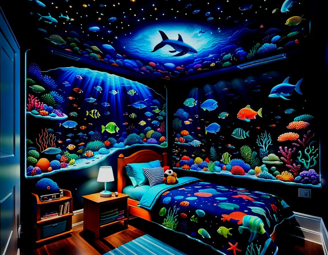 Neon Ocean Life Projected in Bedroom