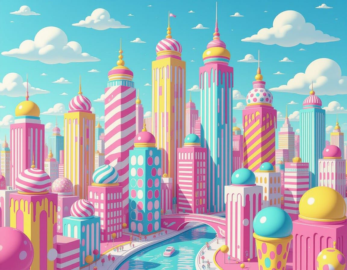 Candy Metropolis with Melting Ice Cream Skyscrapers