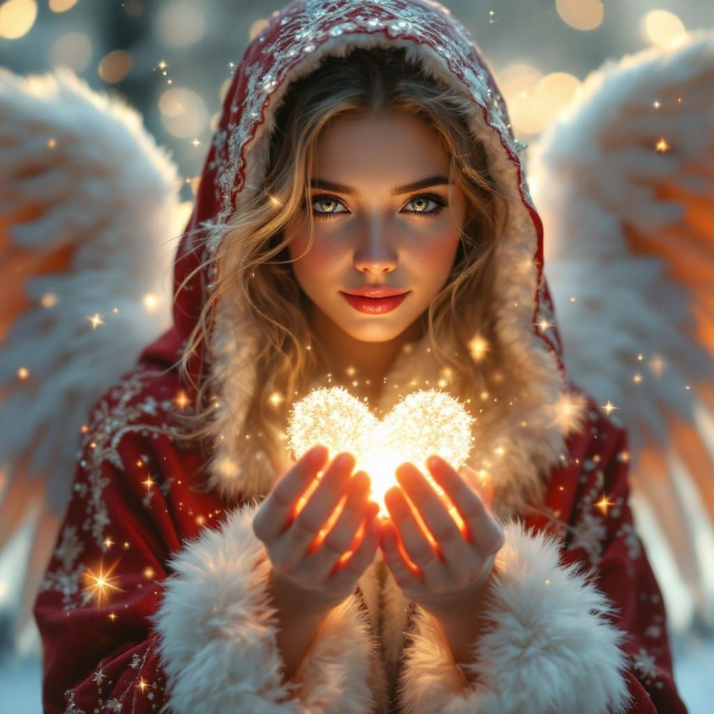 A serene, soft-focused portrait of a gentle angel at work, her slender fingers holdimg glowimg heart, made of threads of...