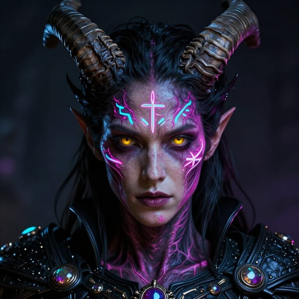 Demonic Hybrid Tarot Figure with Glowing Runes