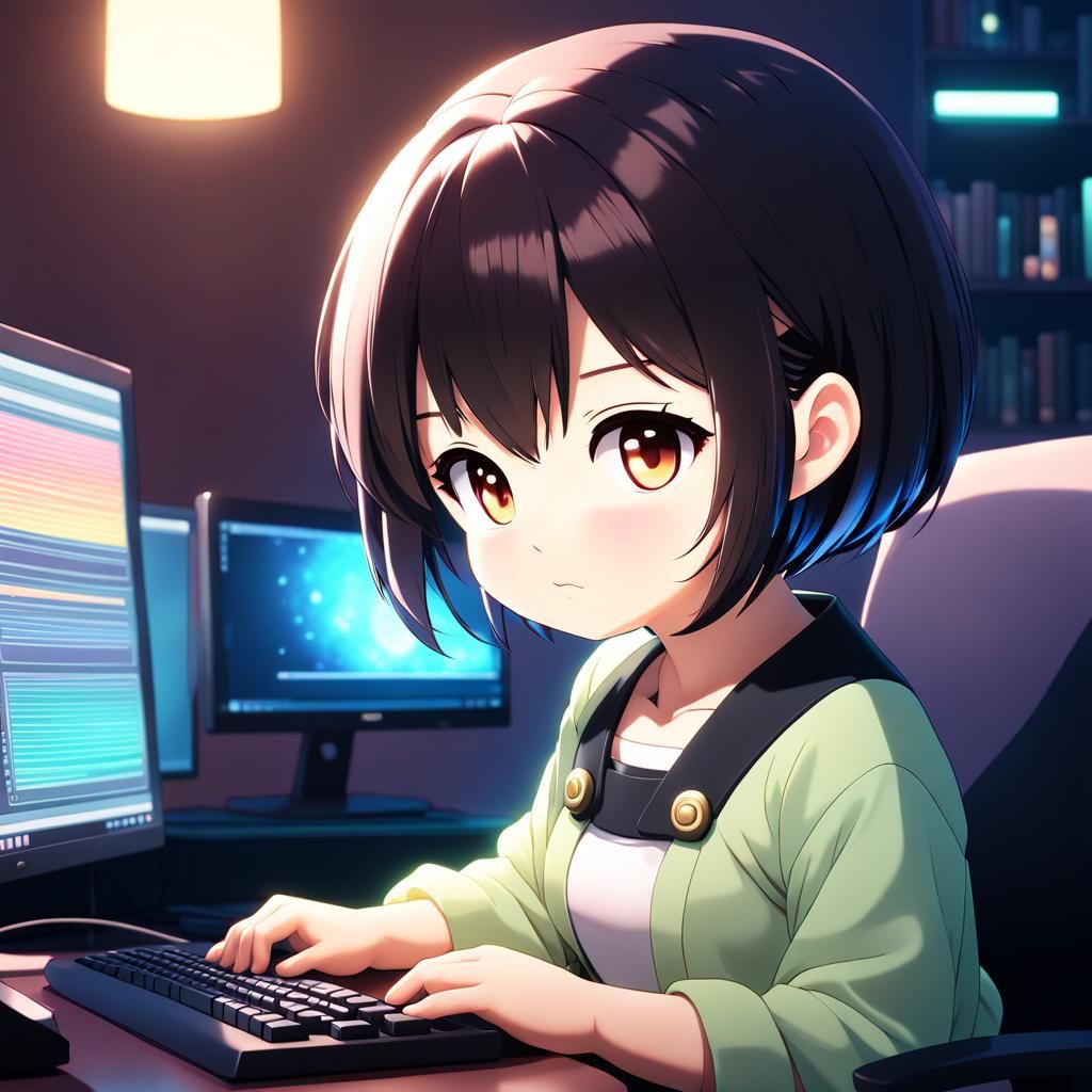 Chibi Anime Woman at Computer in Pastel Colors