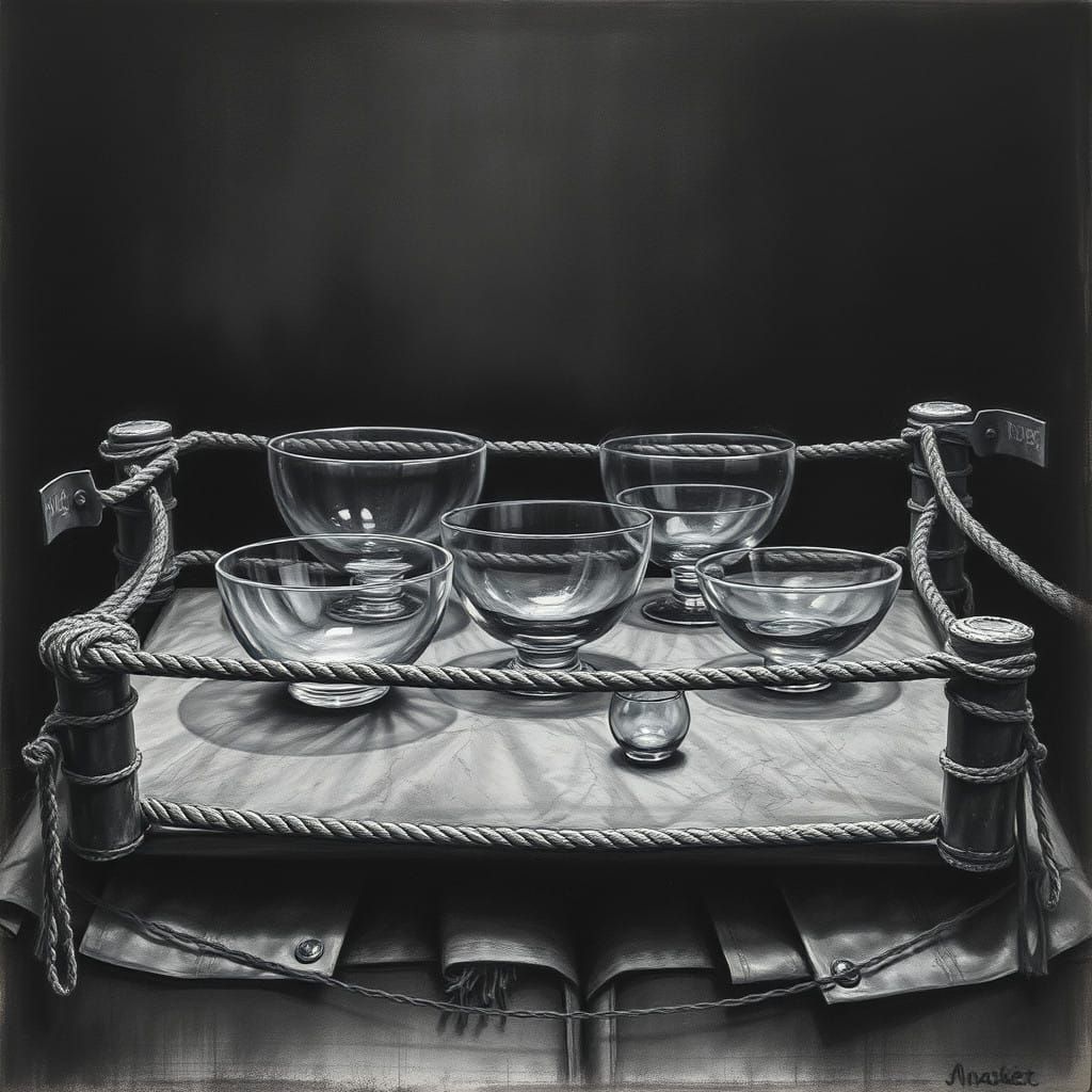 Dramatic Boxing Ring Still Life in Charcoal Drawing Style